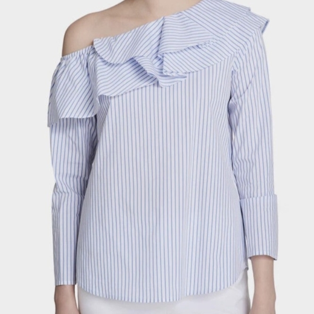 Calvin Klein Striped Off-Shoulder Ruffle Blouse - Picture 2 of 15